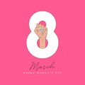 8 March card with female fist raised up. Happy Women`s Day typography poster with girl`s hand in fist gesture. Vector